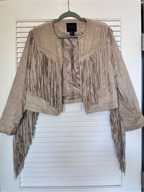 Amaryllis Jackets & Blazers - Amaryllis Faux Suede Fringe Jacket Boho Western Open Front Taupe M